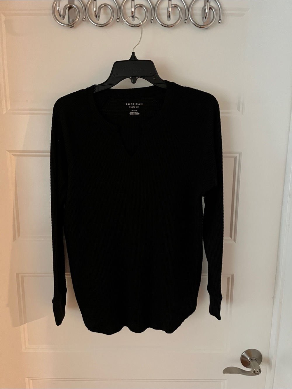 American Eagle Black Waffle Thermal Crewneck Sweater
